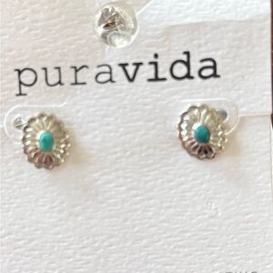 Pura Vida Silver Floral Stud Earrings with Turquoise Center